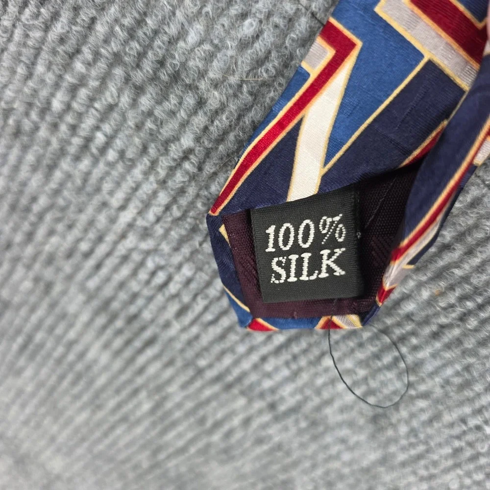 Oscar de la Renta Mens Silk Tie Blue Red Geometric Square Made in USA A67047